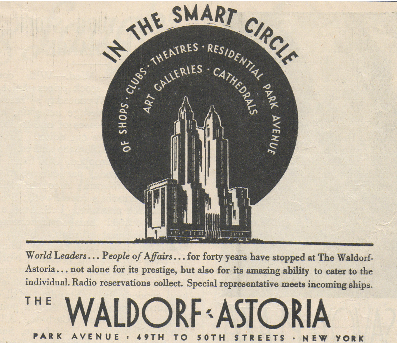 A 1930s-era advertisement for the Waldorf Astoria, New York