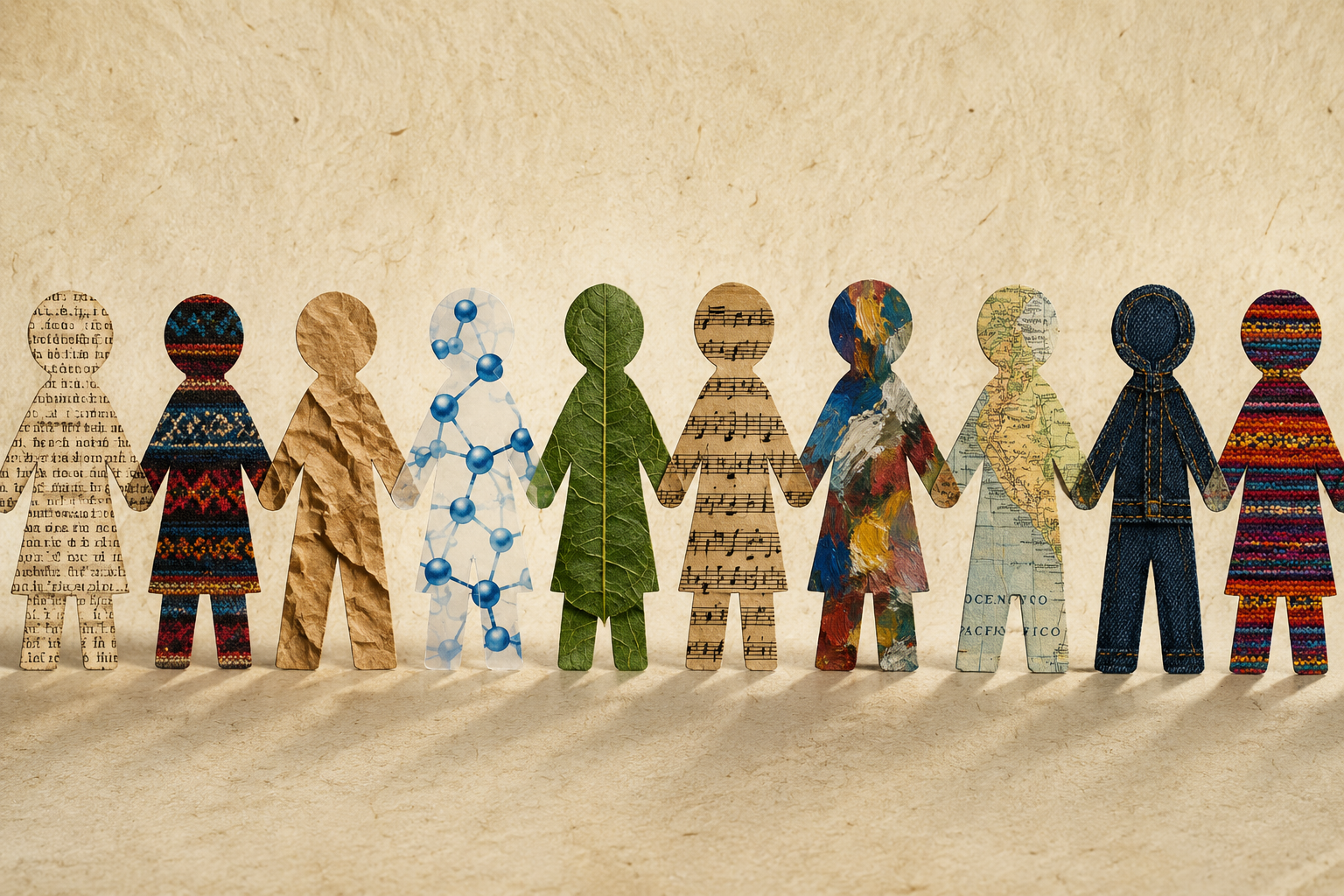 Real children holding hands, each made of different material — newspaper, knit, a molecule, a leaf, sheet music, a painting, a map, denim