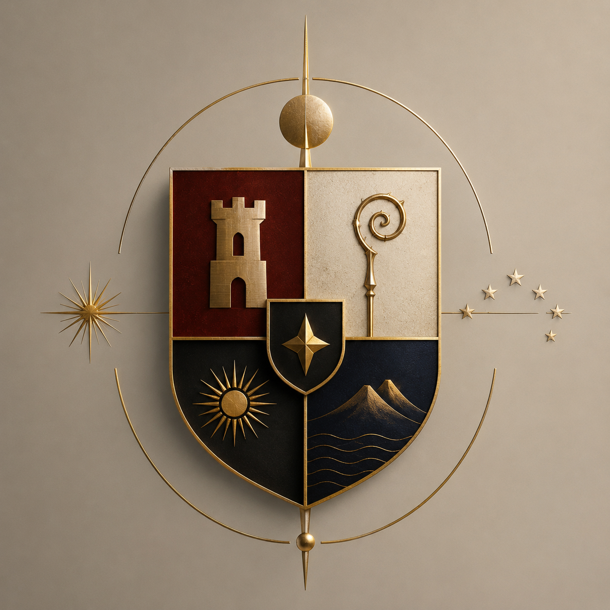 Age of Intellect crest — a gold heraldic shield with a tower, crozier, sun, mountains and a compass star