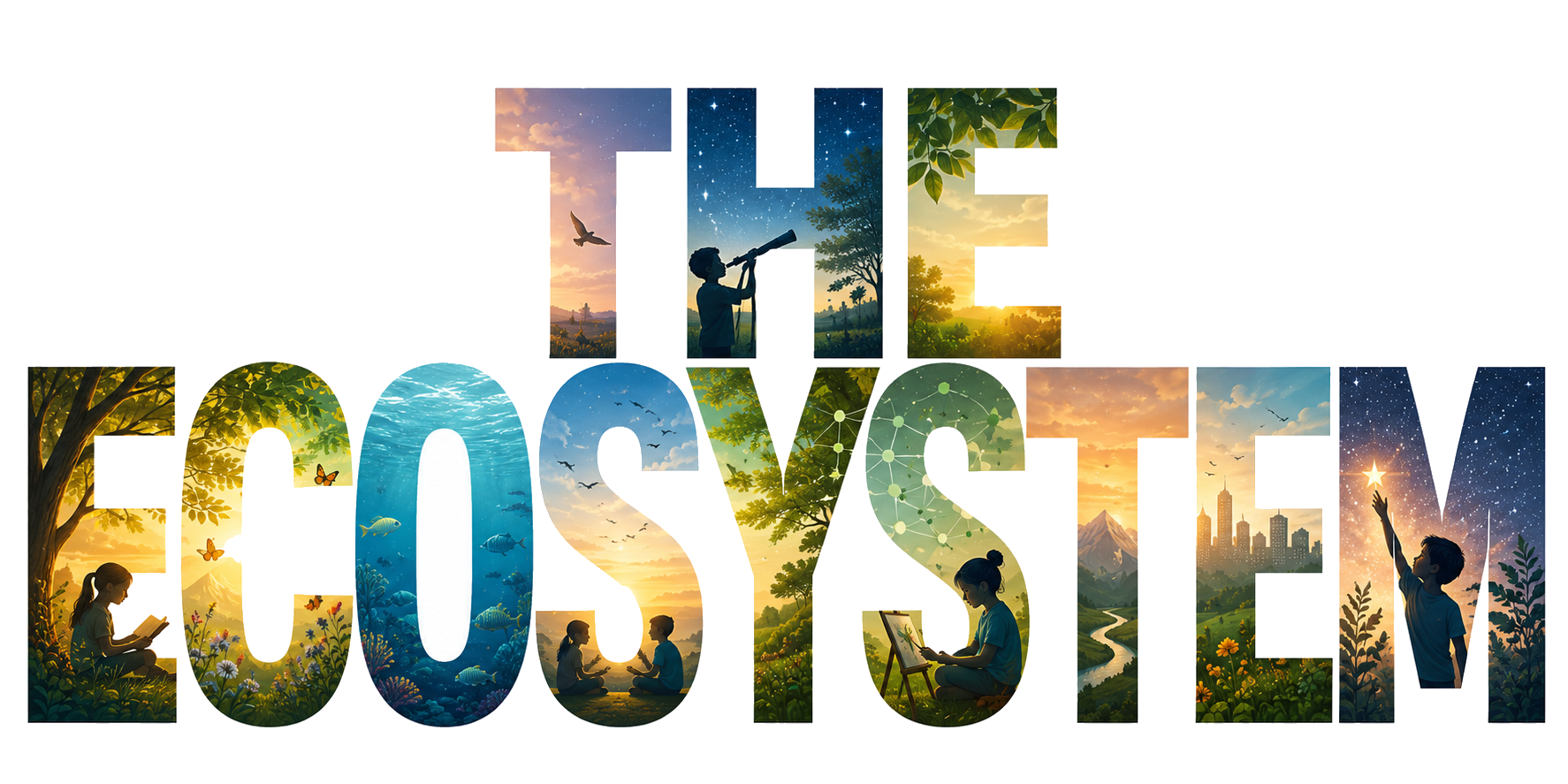 The Ecosystem — letters filled with scenes of children learning in nature, sunsets, oceans and stars
