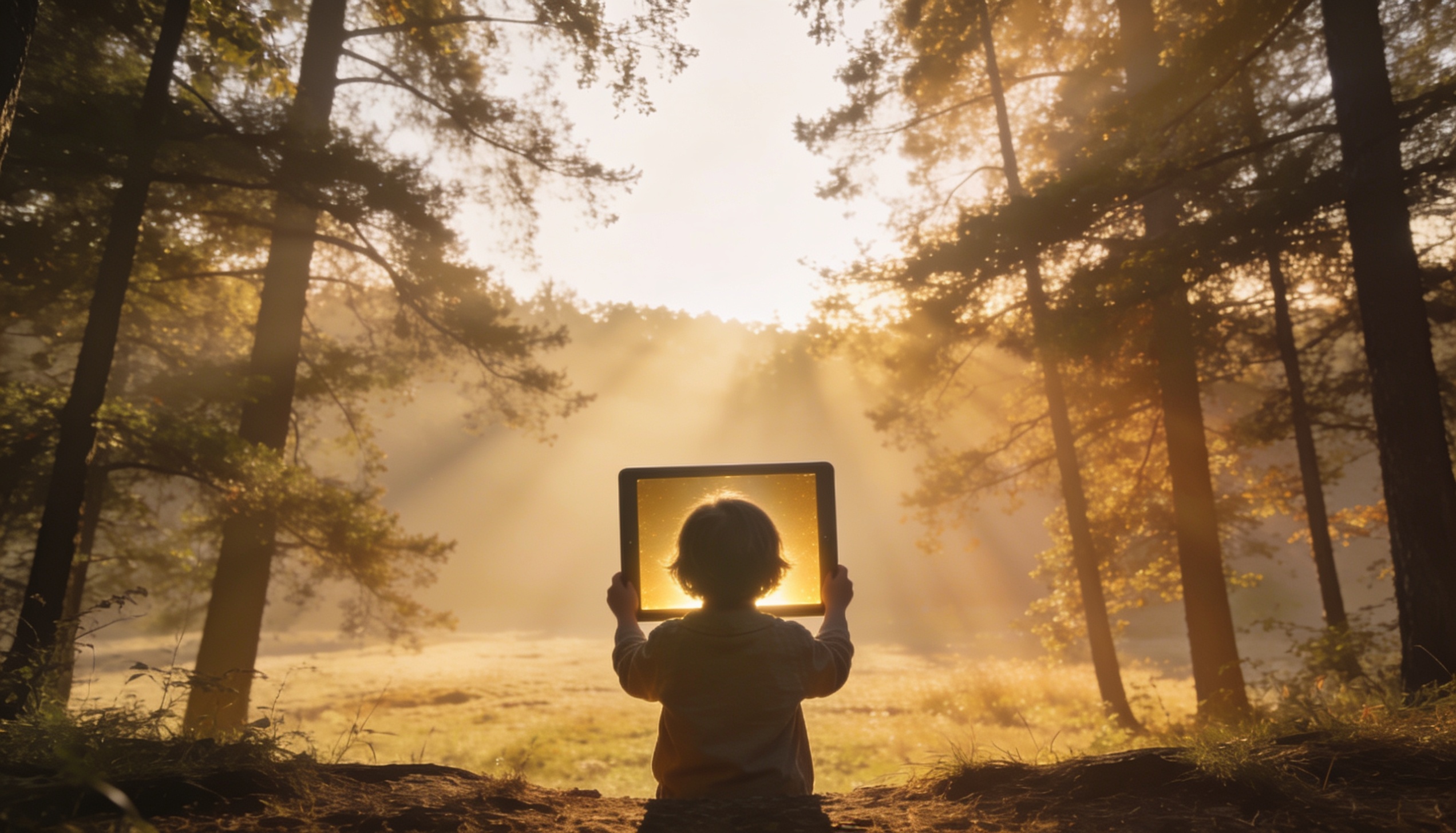 A child seen from behind at the edge of a golden-hour forest, holding a glowing tablet — technology and natural light reading as the same warmth
