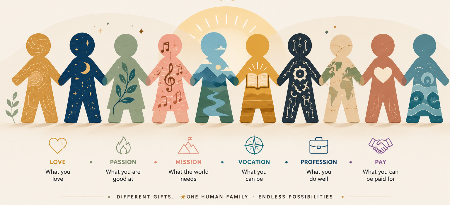 Ikigai — figures patterned as love, passion, mission, vocation, profession and pay. Different gifts, one human family, endless possibilities.