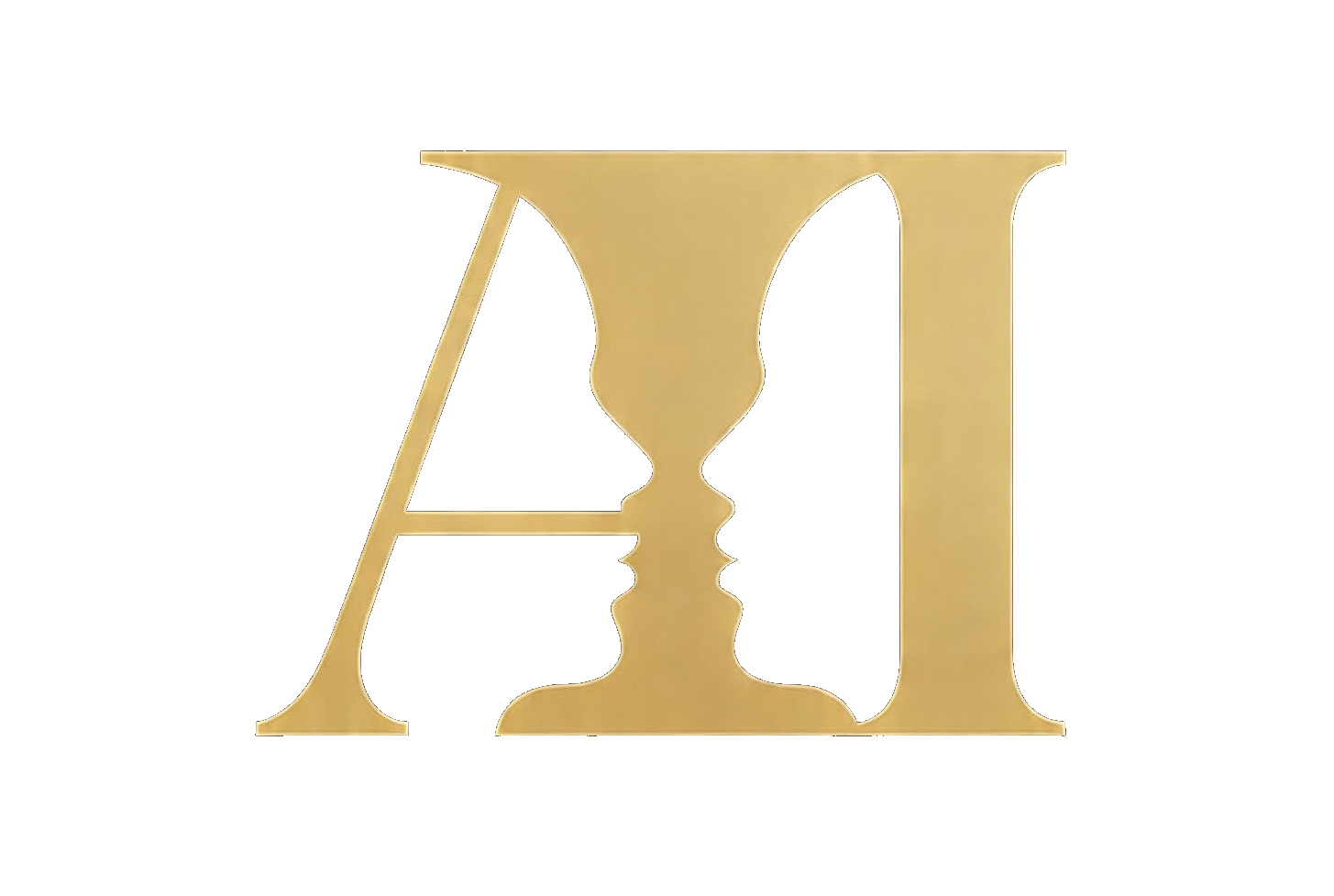 The Age of Intellect — gold AI monogram forming two faces in profile