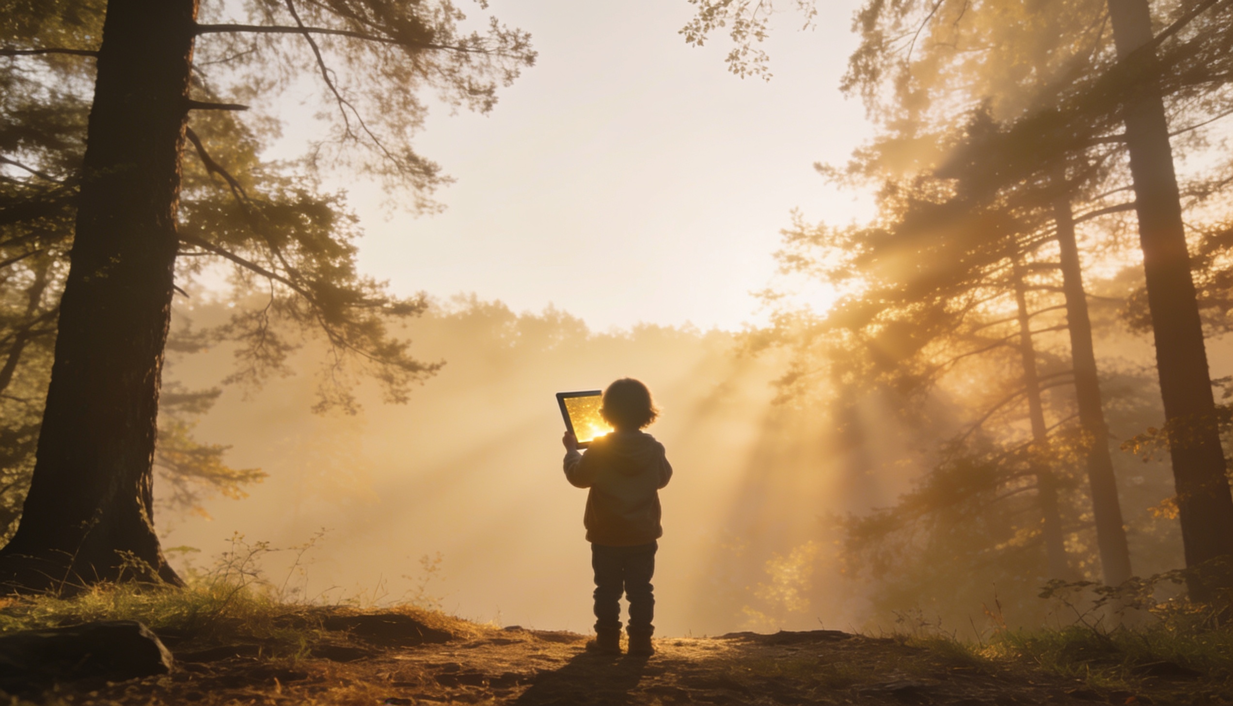 A child standing small at the edge of a vast, sunlit forest