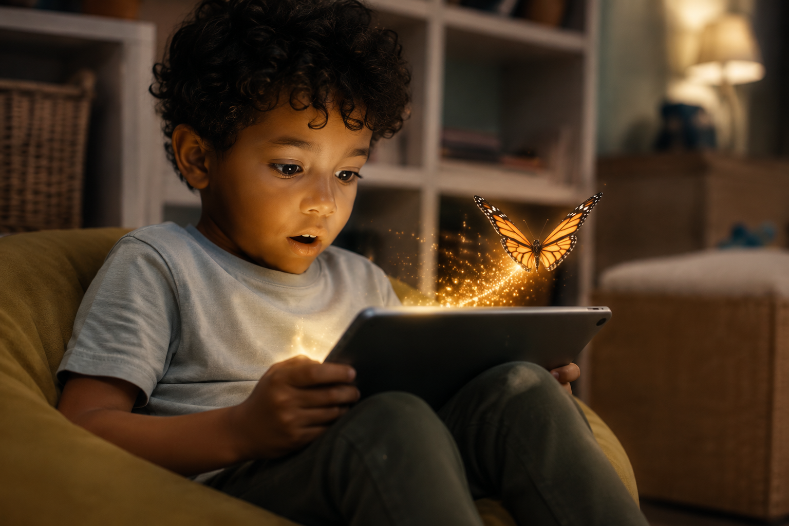 A child in wonder at a glowing screen as golden light and a monarch butterfly rise from it